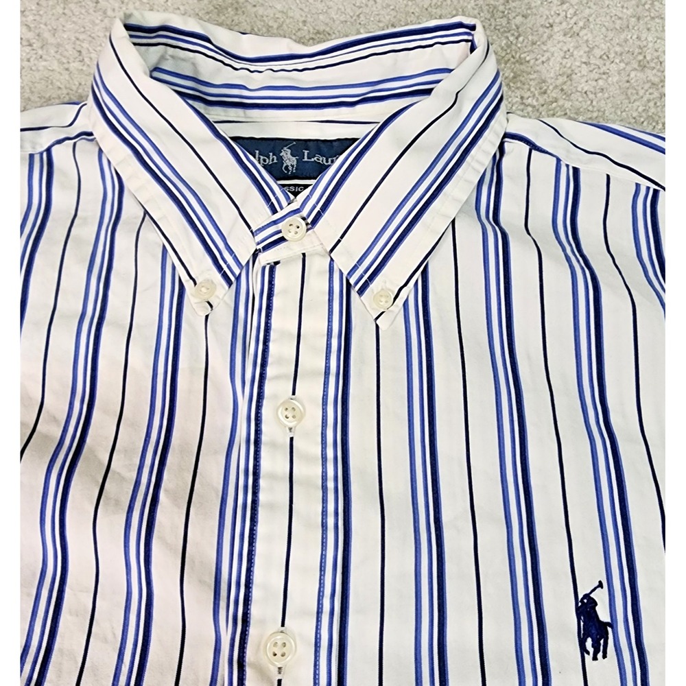 Ralph Lauren Button Down Shirt Mens XL Blue White Striped Classic Fit Long Slv